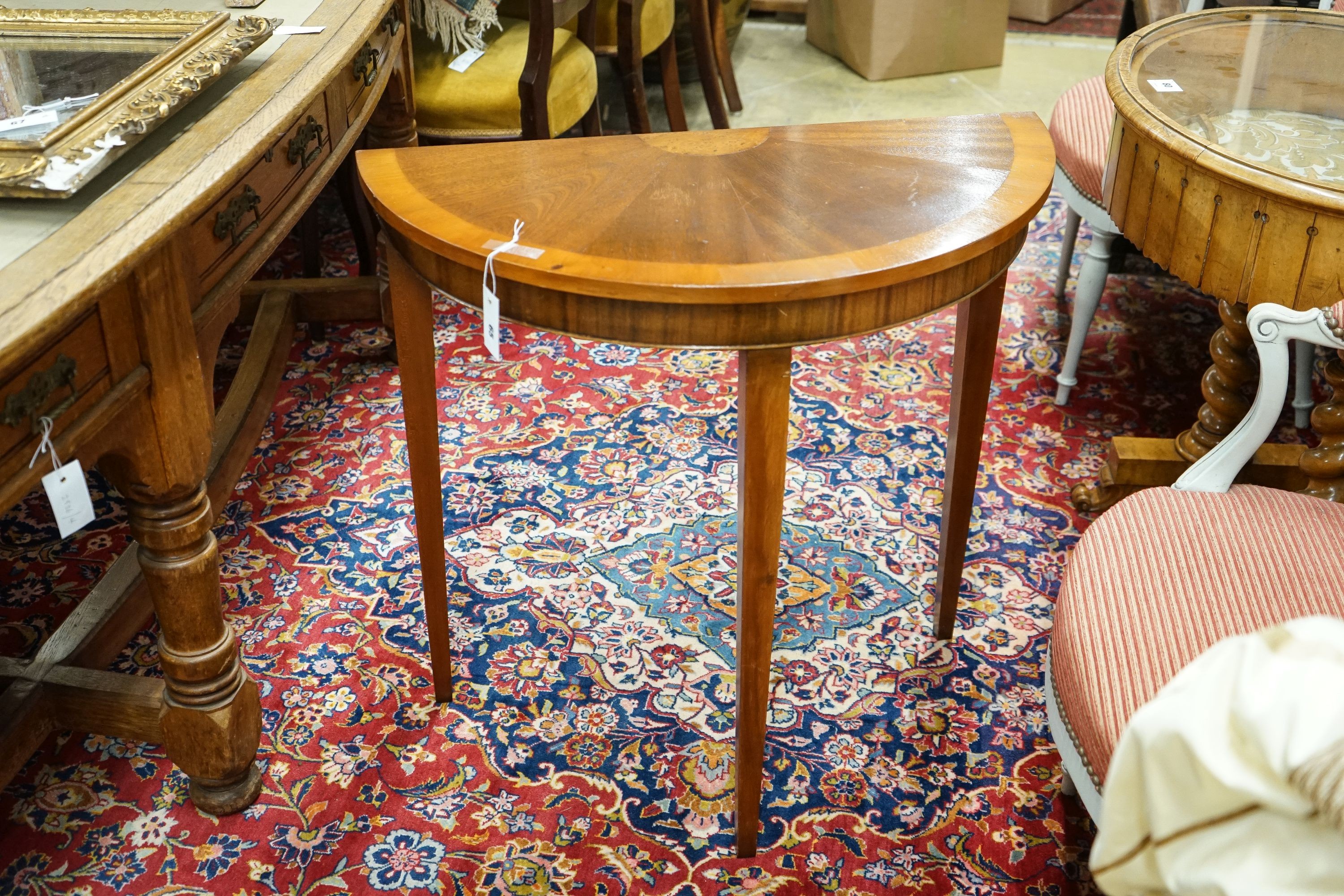 A reproduction inlaid mahogany 'D' shape side table, width 36cm, depth 38cm, height 76cm